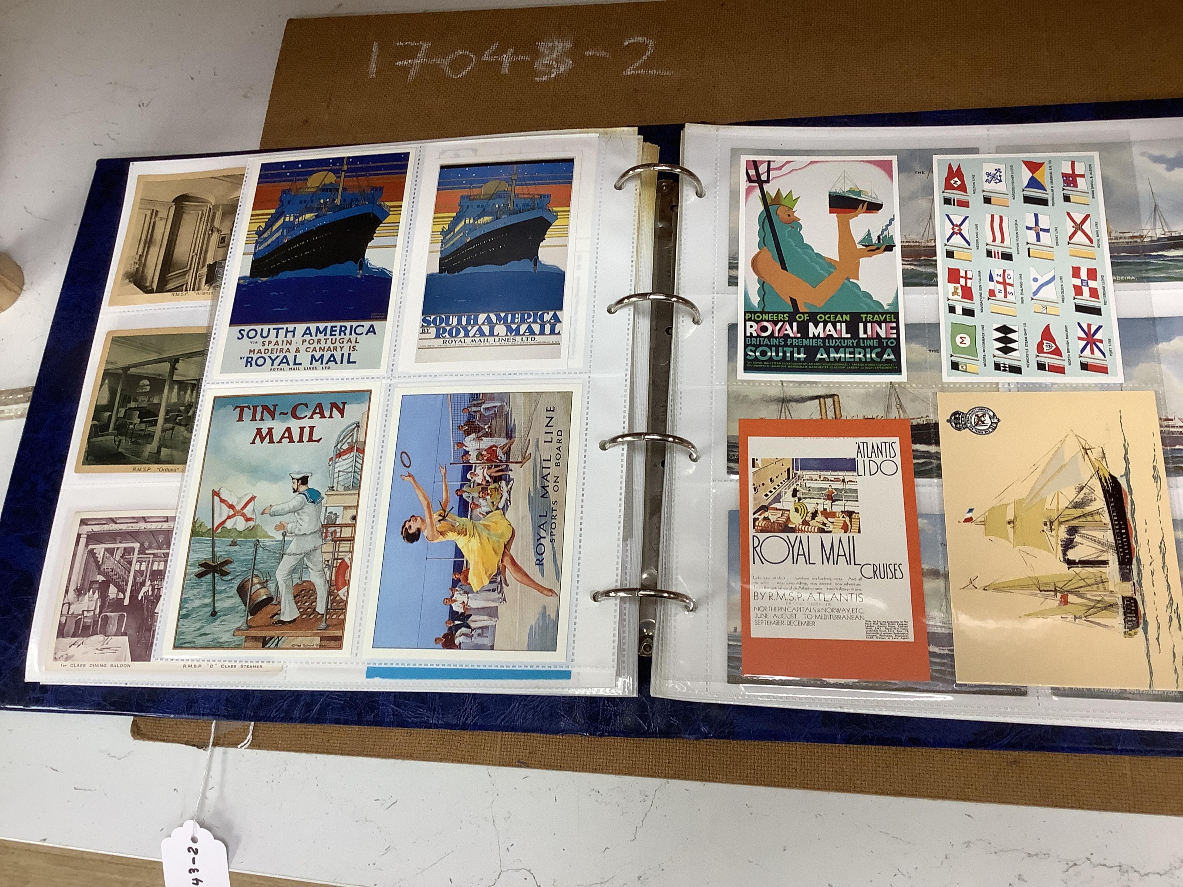 A box and two folders of postcards and a few cigarette cards, mainly relating to the Royal Mail Steam Packet Company and Royal Mail Lines Ltd., including a good quantity of 1930s and later postcards of cruise ships, many